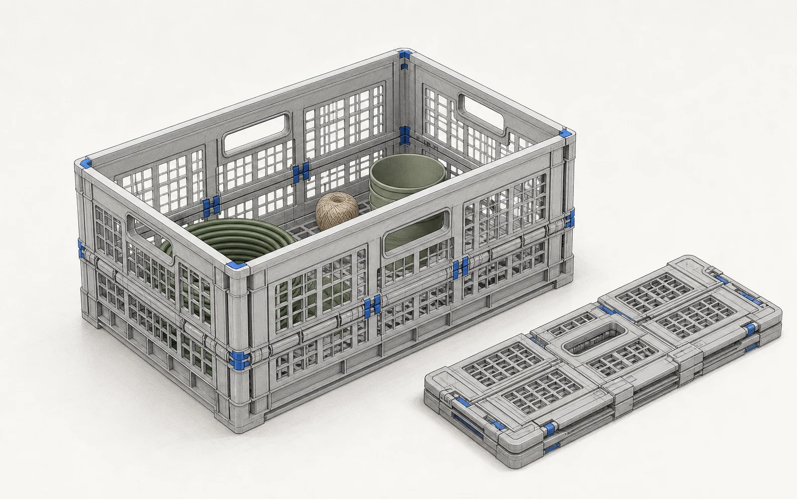Architectural concept illustration of collapsible utility crates for project storage