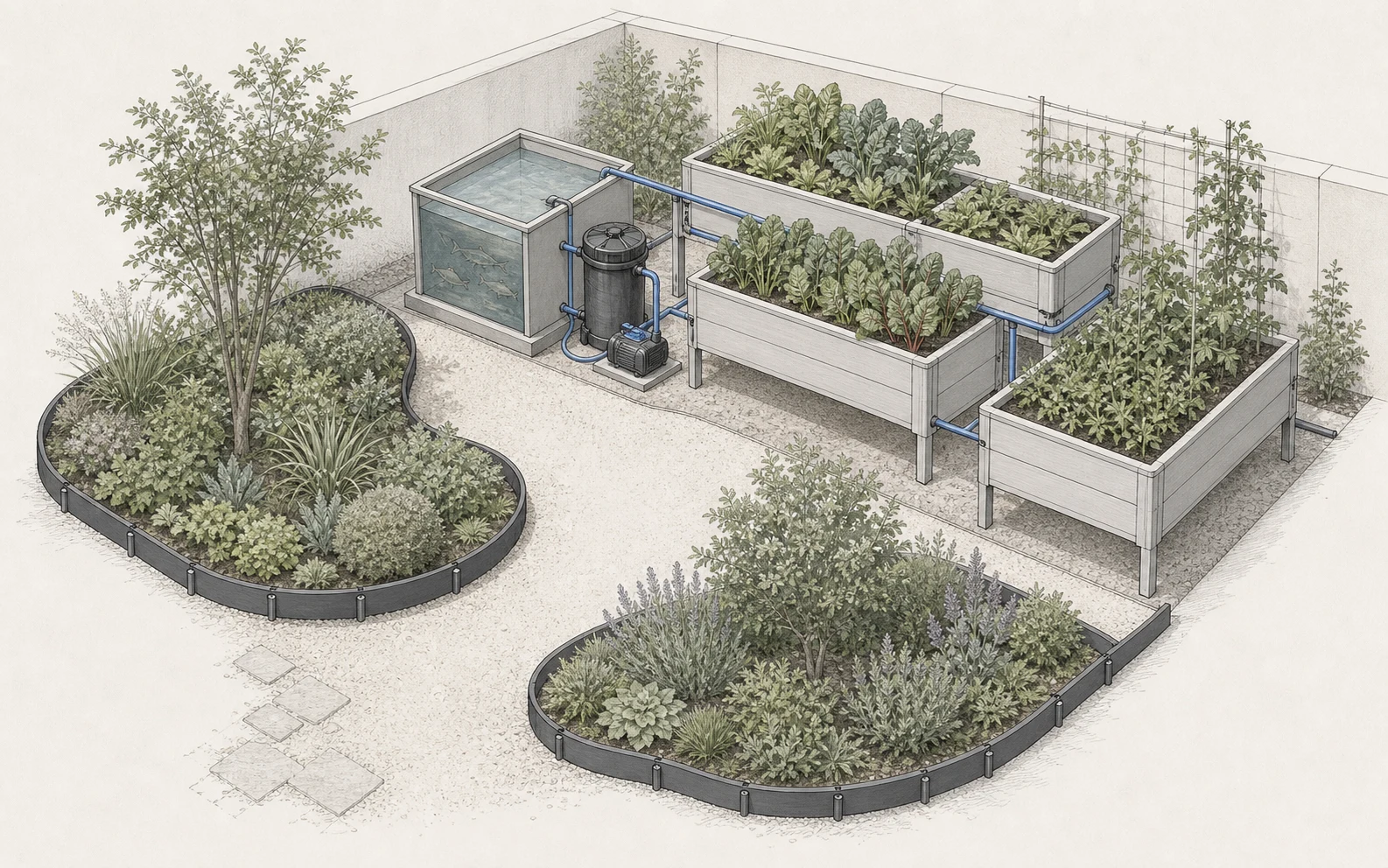 Architectural concept illustration of modular garden edging around a project landscape