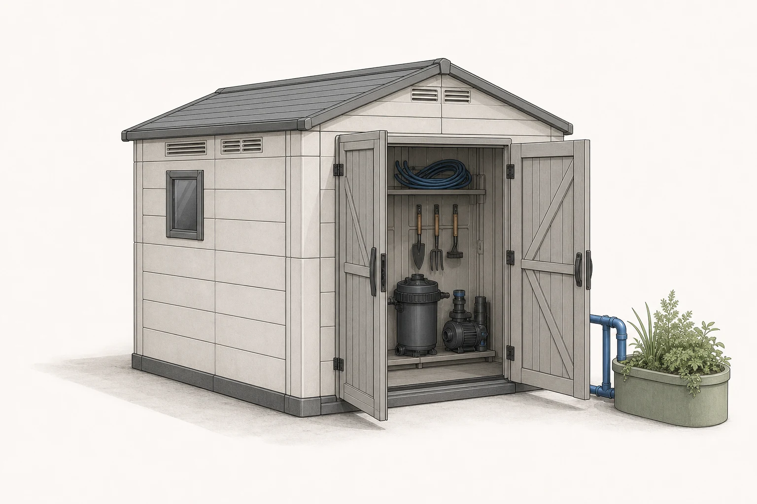 Architectural concept illustration of an outdoor tool and equipment shed
